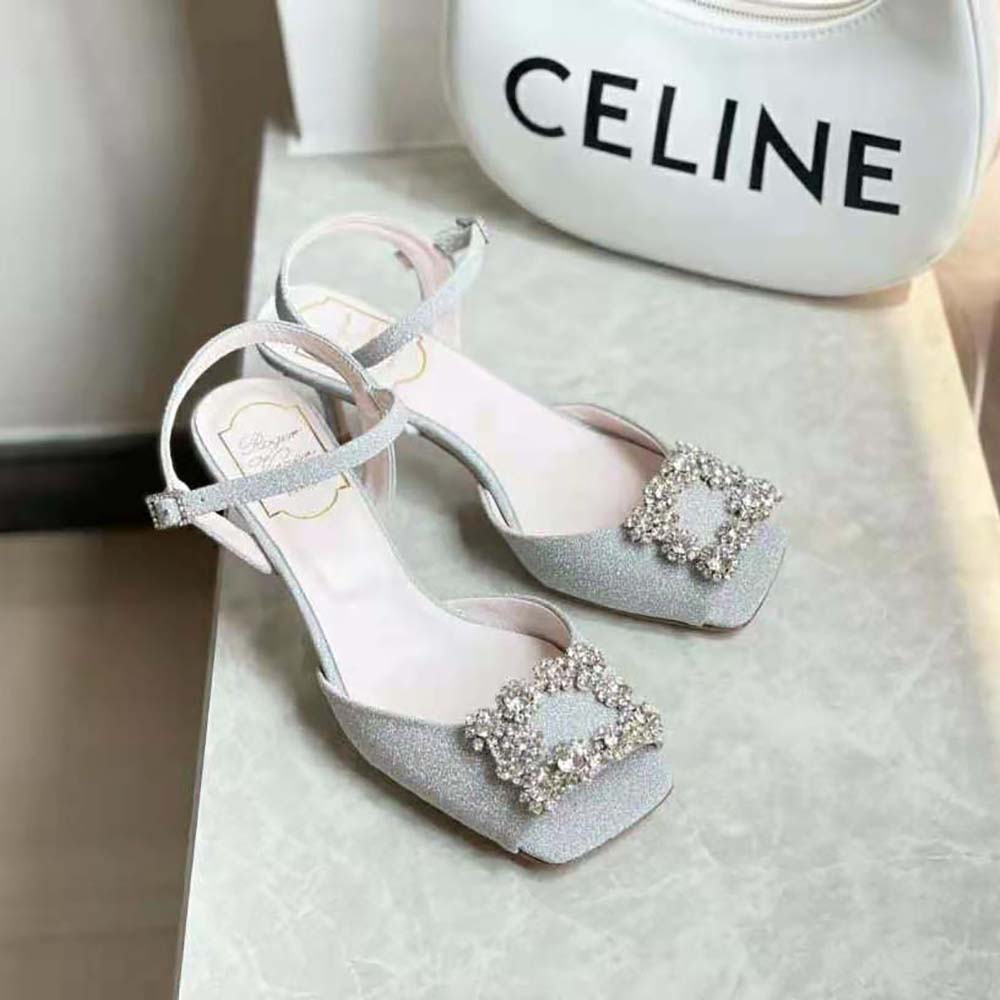 Top angle showing silver satin straps on Roger Vivier Flower Strass Sandals