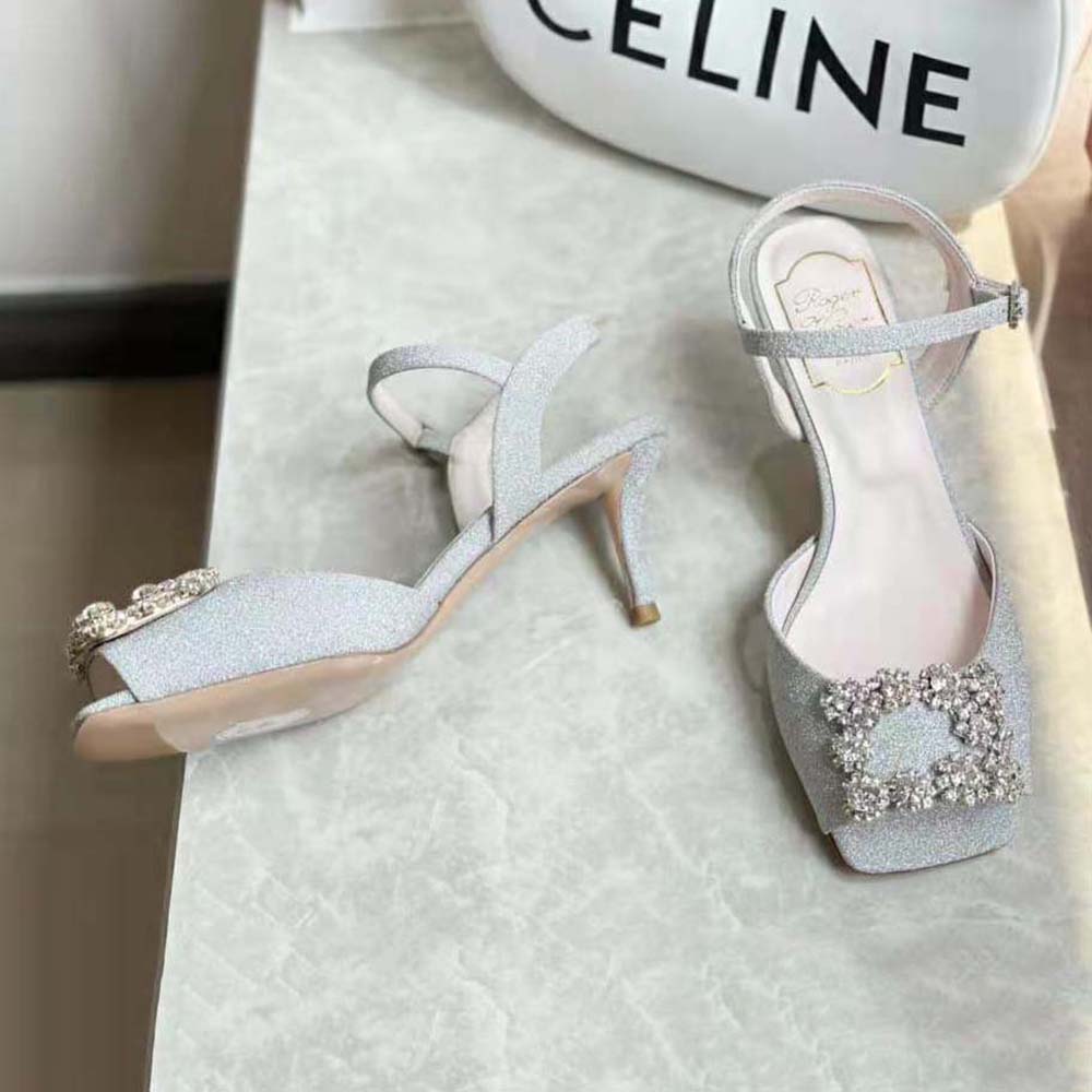 Roger Vivier Women Flower Strass Buckle Sandals in Satin-Silver - image 5