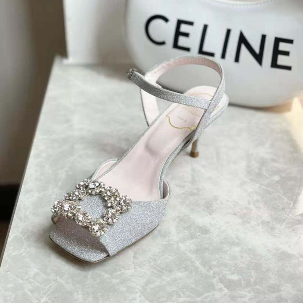 Roger Vivier Women Flower Strass Buckle Sandals in Satin-Silver - image 6