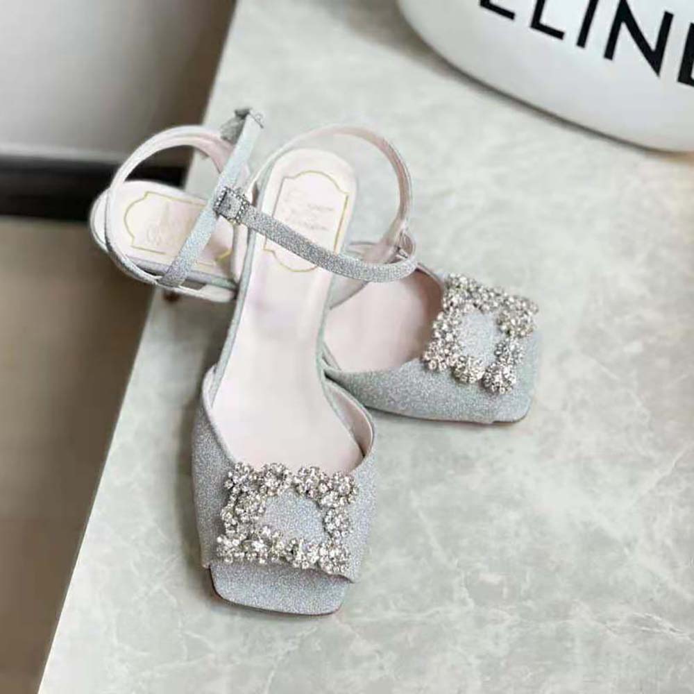 Roger Vivier Women Flower Strass Buckle Sandals in Satin-Silver - image 4