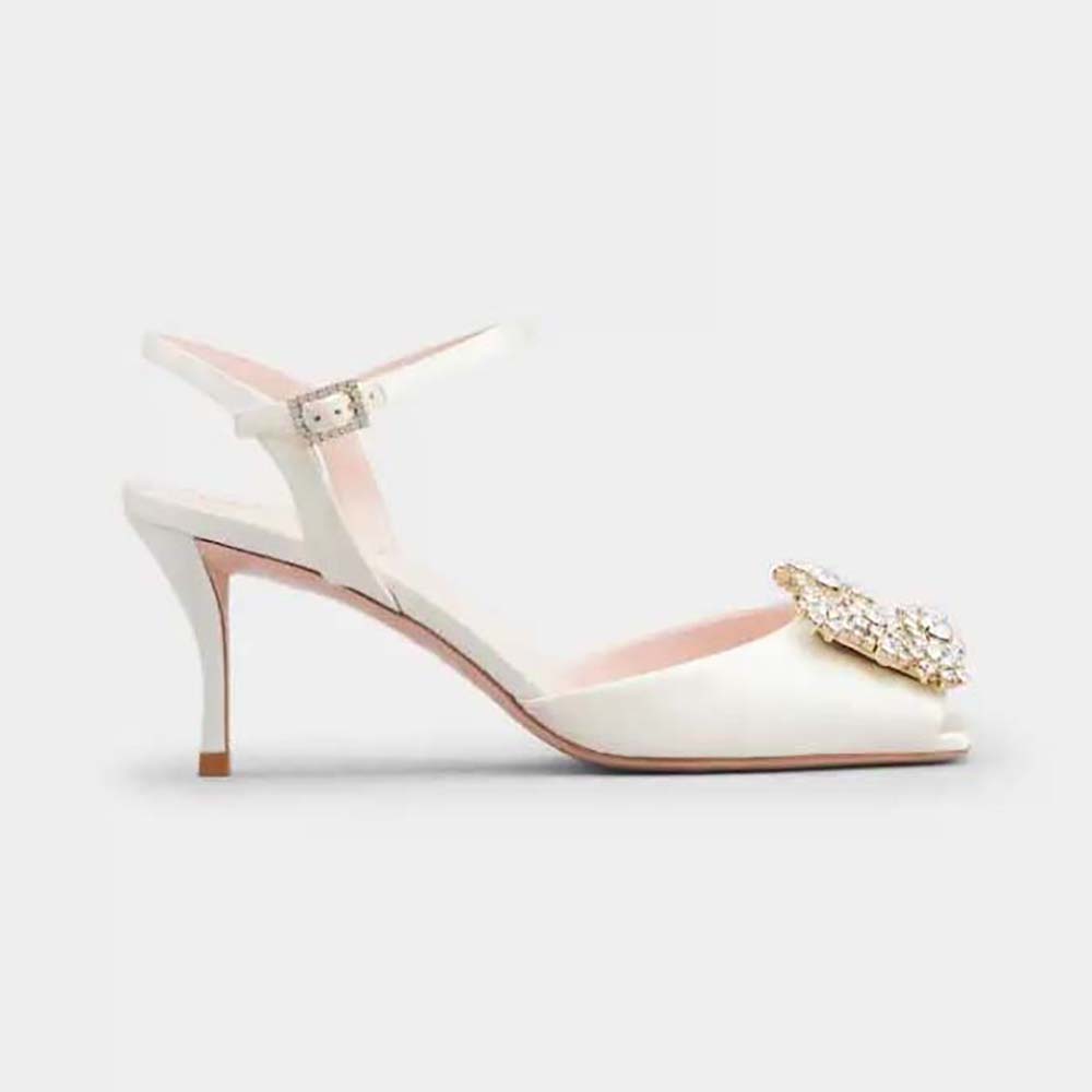 Side view of Roger Vivier Women Flower Strass Buckle Sandals in Satin-White