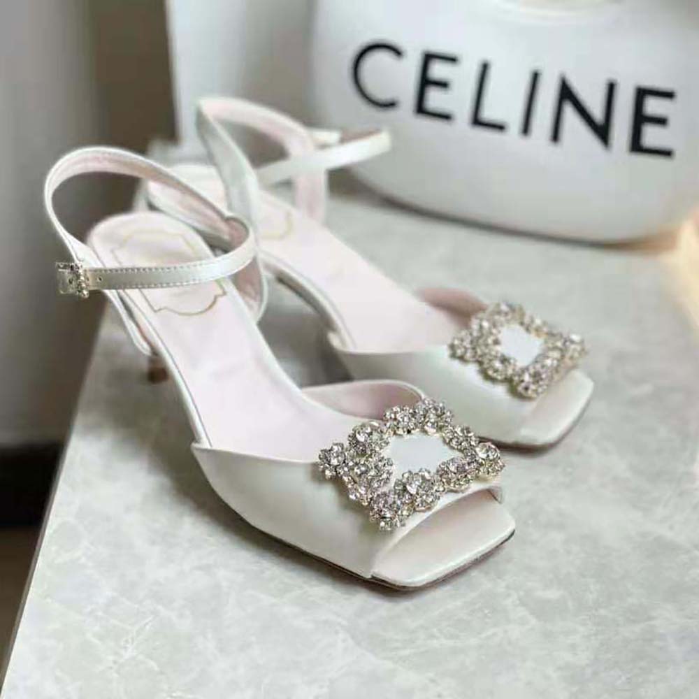 Top view showing satin straps of Roger Vivier Women Flower Strass Buckle Sandals