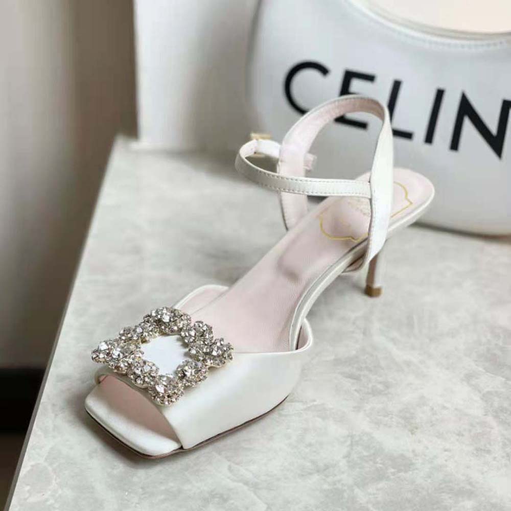Roger Vivier Women Flower Strass Buckle Sandals in Satin-White - image 4