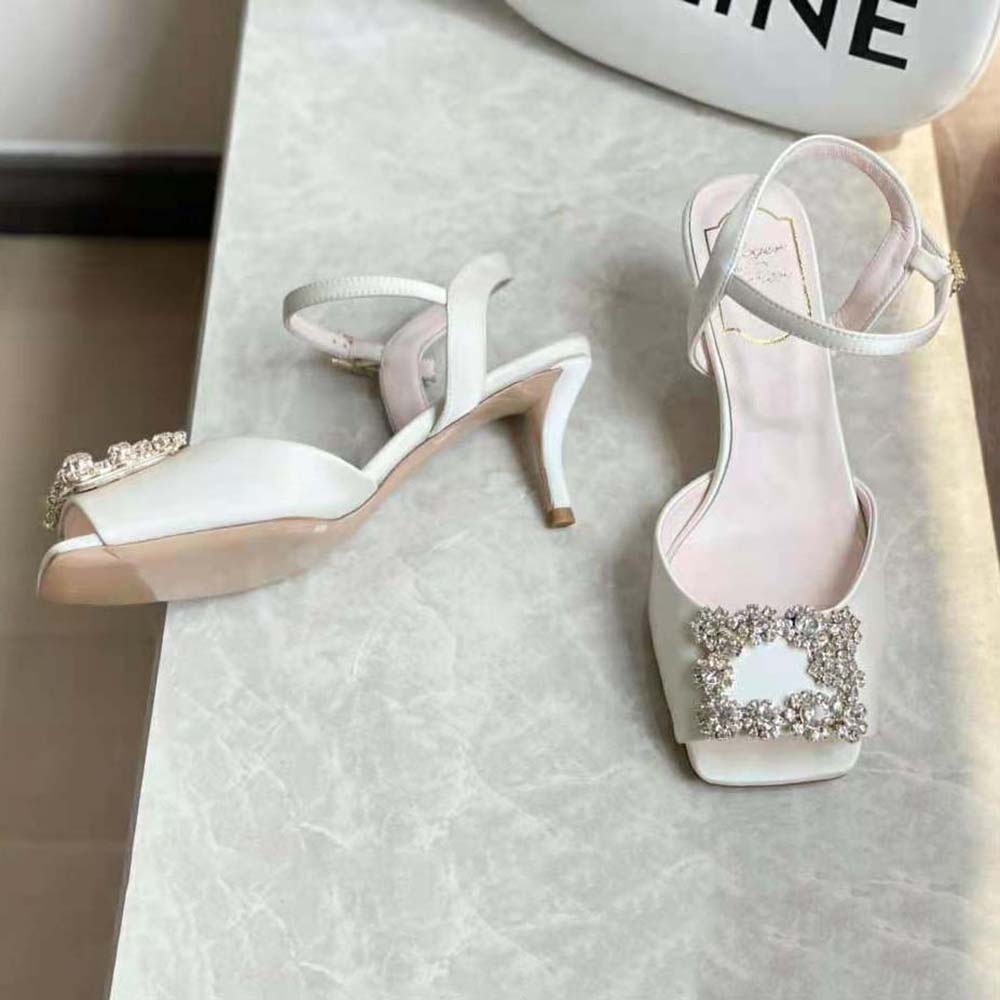 Roger Vivier Women Flower Strass Buckle Sandals in Satin-White - image 5