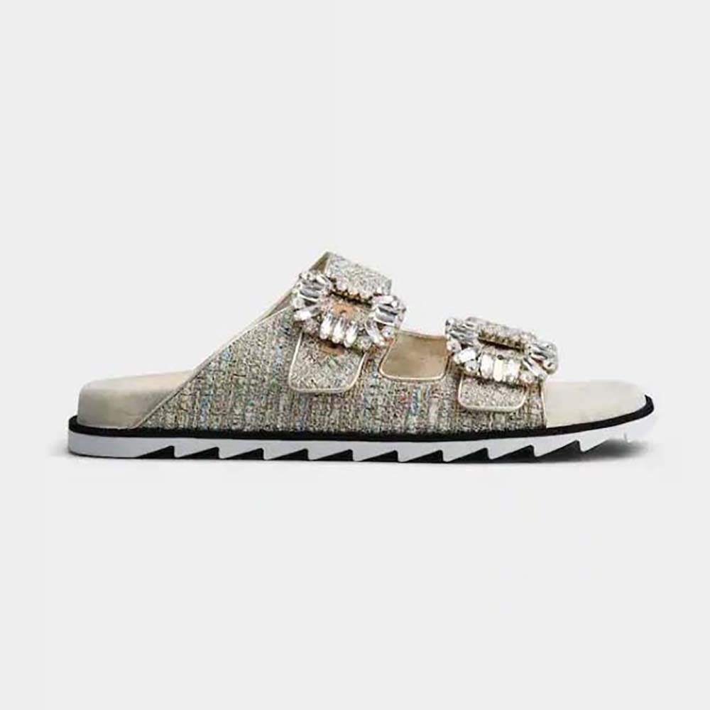 Side view of Roger Vivier Women Slidy Viv Strass Buckle Mules in silver fabric