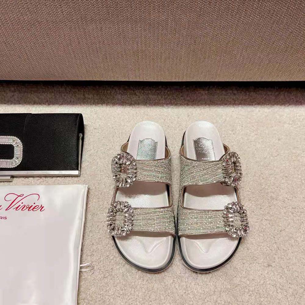 Close-up of crystal buckle detail on Roger Vivier Slidy Viv Mules