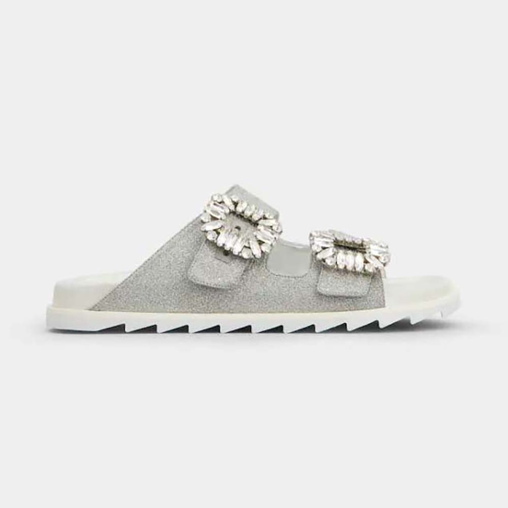 Side profile of Roger Vivier Women Slidy Viv Strass Buckle Sandals in Fabric-Gray