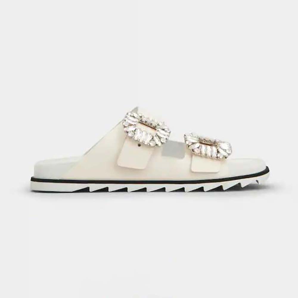Side angle of Roger Vivier Women Slidy Viv Strass Buckle Sandals in Fabric-White