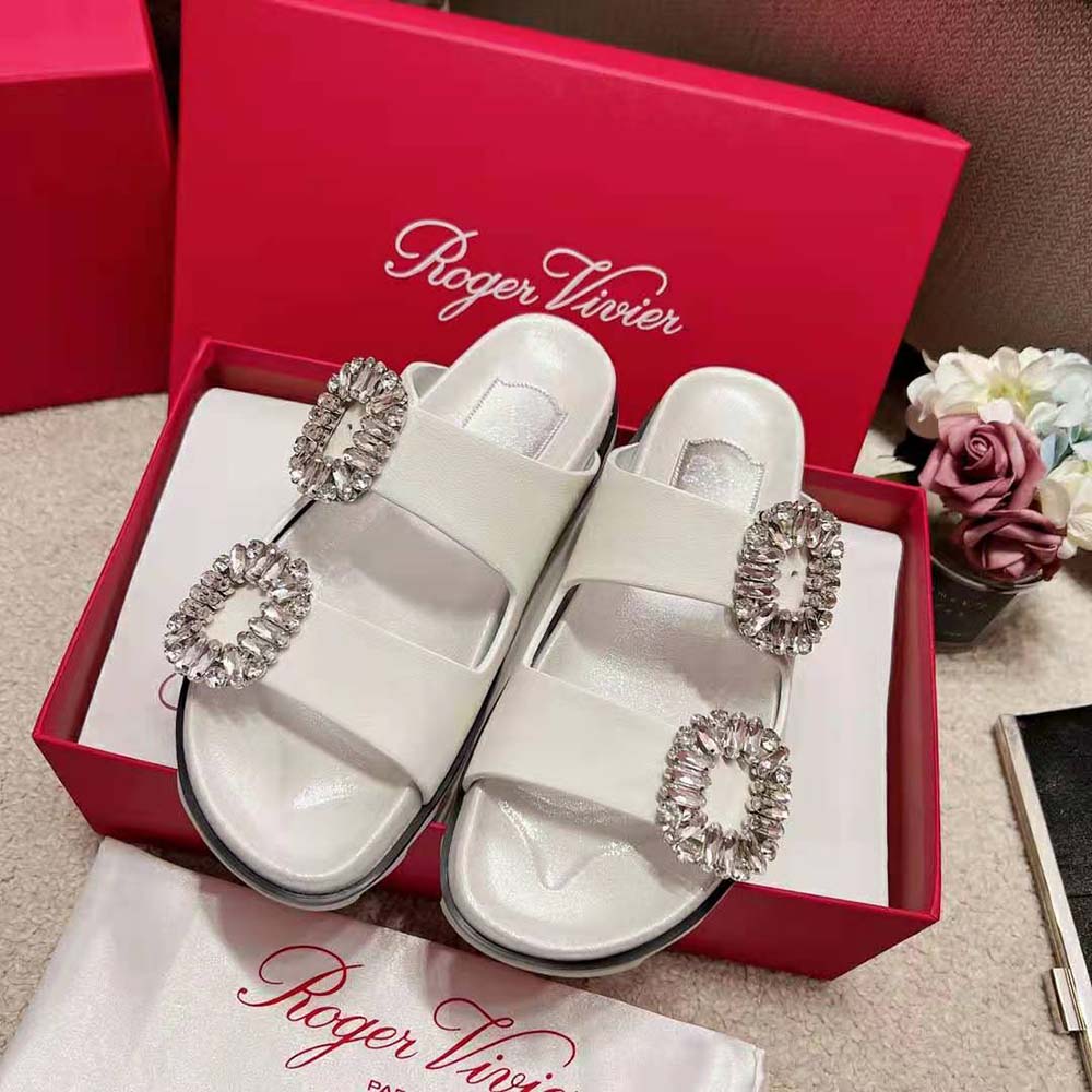 Close-up of sparkling strass buckle on Roger Vivier Slidy Viv Sandals