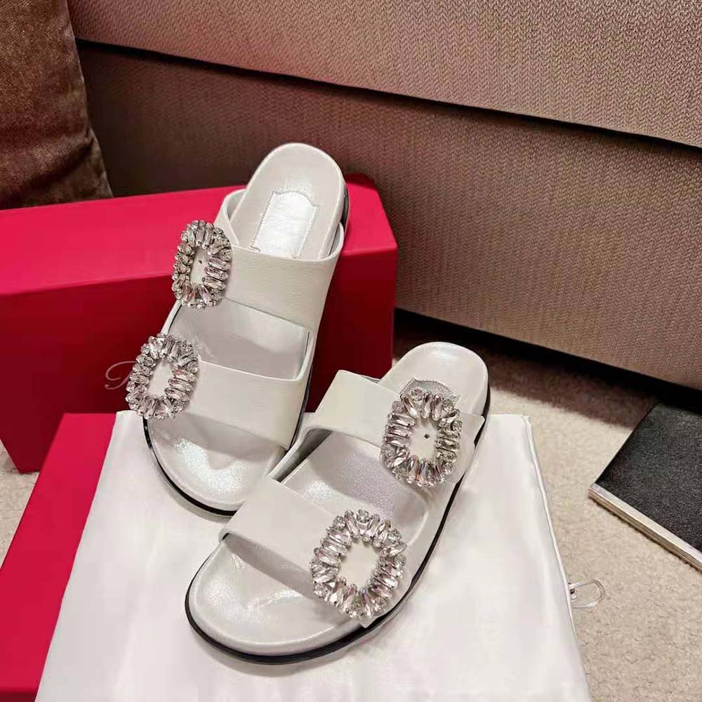 Roger Vivier Women Slidy Viv Strass Buckle Sandals in Fabric-White - image 5