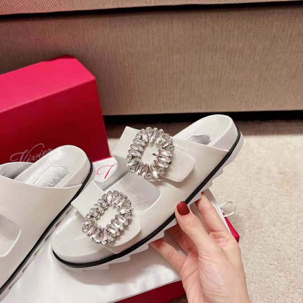 Roger Vivier Women Slidy Viv Strass Buckle Sandals in Fabric-White - image 7