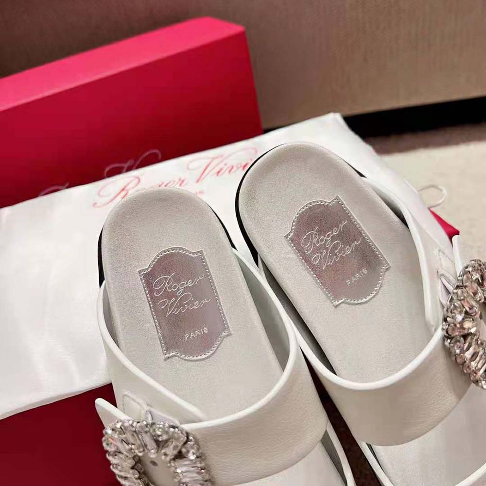 Roger Vivier Women Slidy Viv Strass Buckle Sandals in Fabric-White - image 9