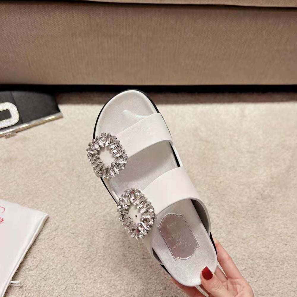 Roger Vivier Women Slidy Viv Strass Buckle Sandals in Fabric-White - image 6