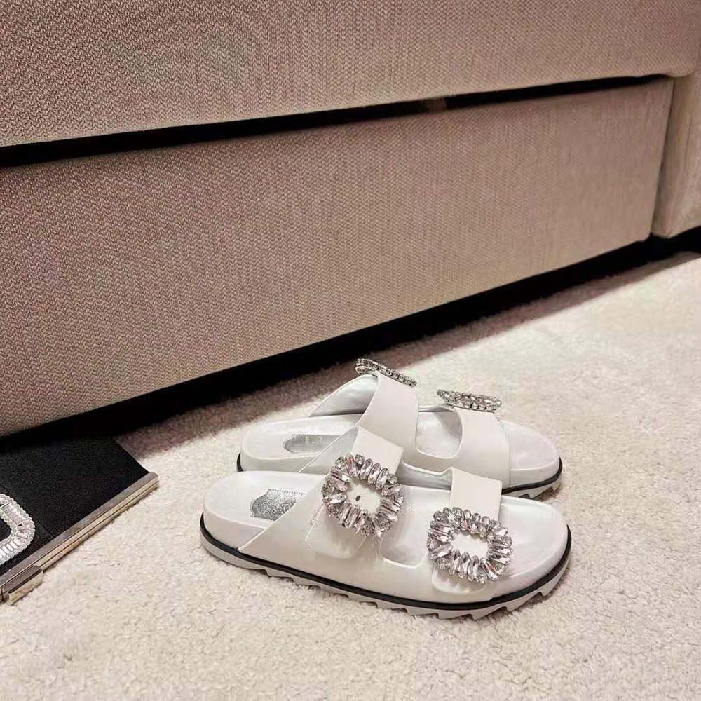 Roger Vivier Women Slidy Viv Strass Buckle Sandals in Fabric-White - image 4