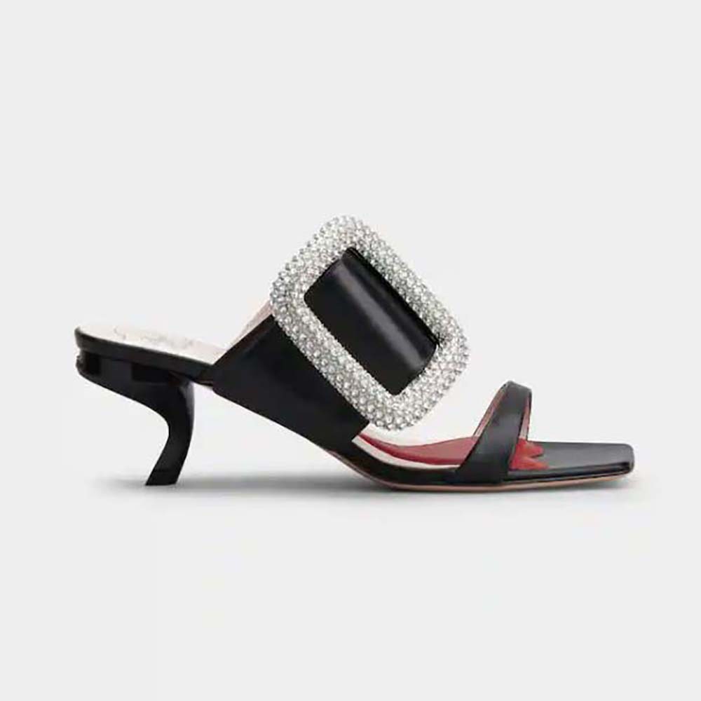 Side view of Roger Vivier Women Viv Choc Side Strass Buckle Mules in Leather-Black