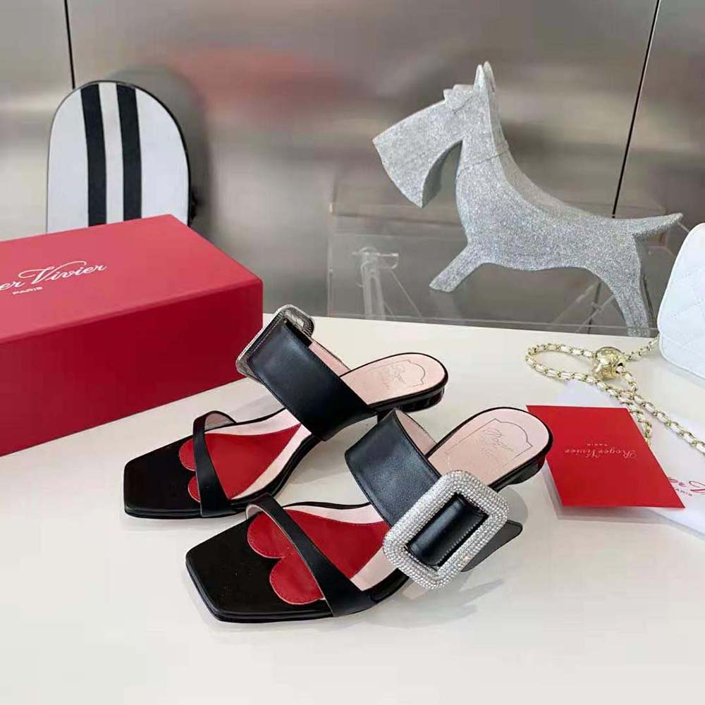Roger Vivier Women Viv Choc Side Strass Buckle Mules in Leather-Black - image 4