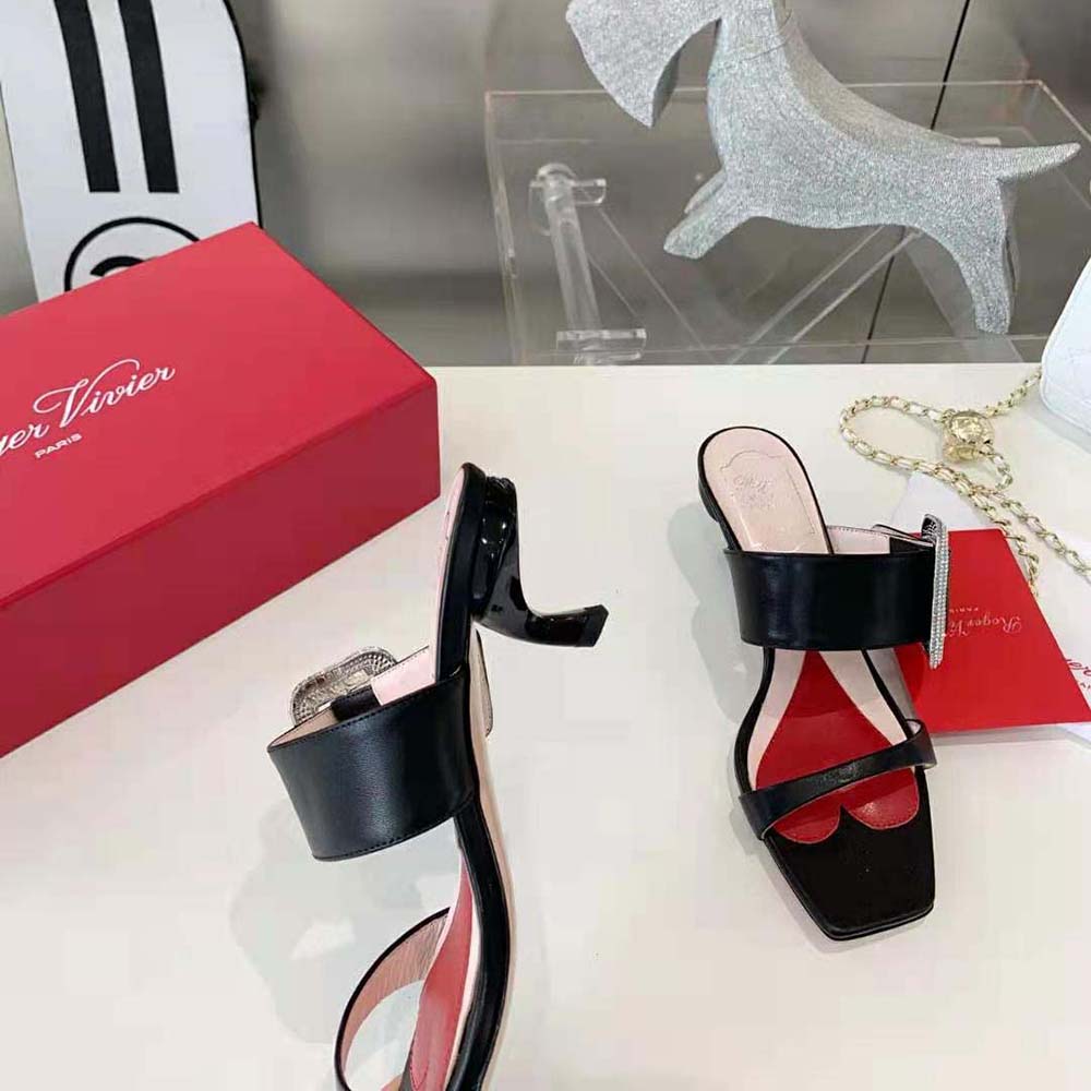 Roger Vivier Women Viv Choc Side Strass Buckle Mules in Leather-Black - image 5