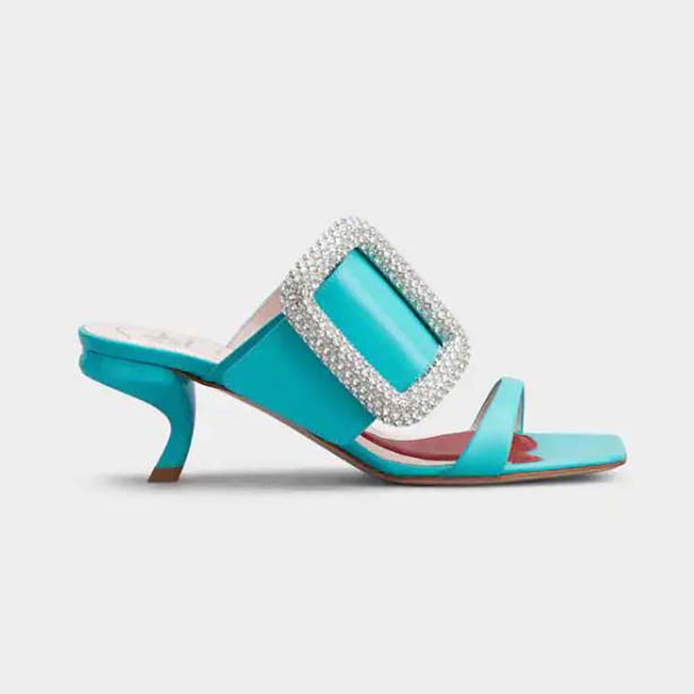 Side profile of Roger Vivier Women Viv Choc Side Strass Buckle Mules in Leather-Lime