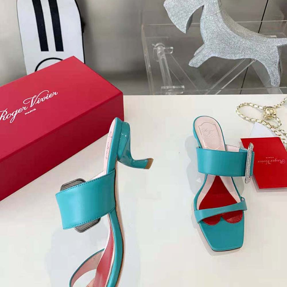 Roger Vivier Women Viv Choc Side Strass Buckle Mules in Leather-Lime - image 5