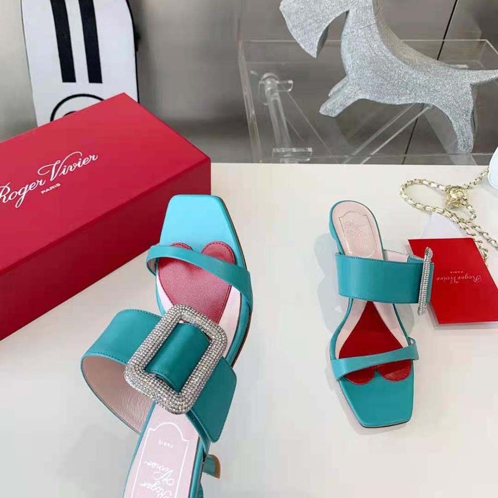 Roger Vivier Women Viv Choc Side Strass Buckle Mules in Leather-Lime - image 6