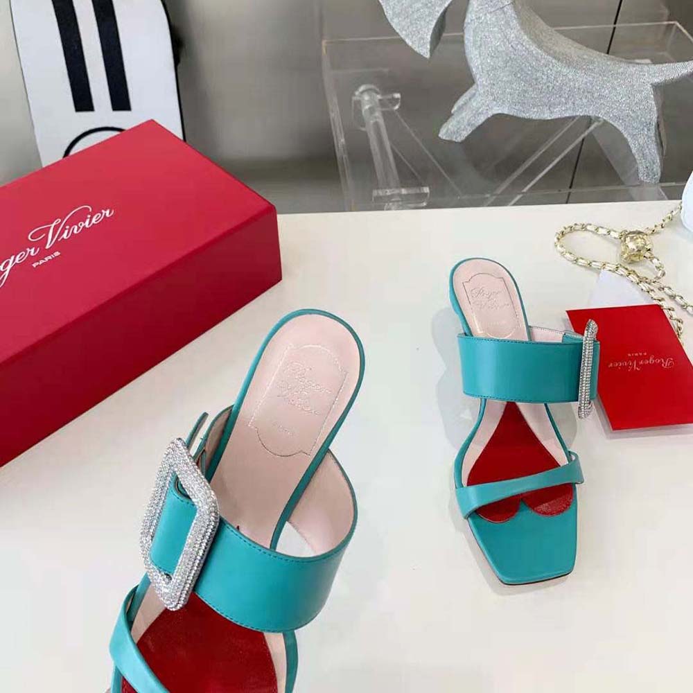 Roger Vivier Women Viv Choc Side Strass Buckle Mules in Leather-Lime - image 7