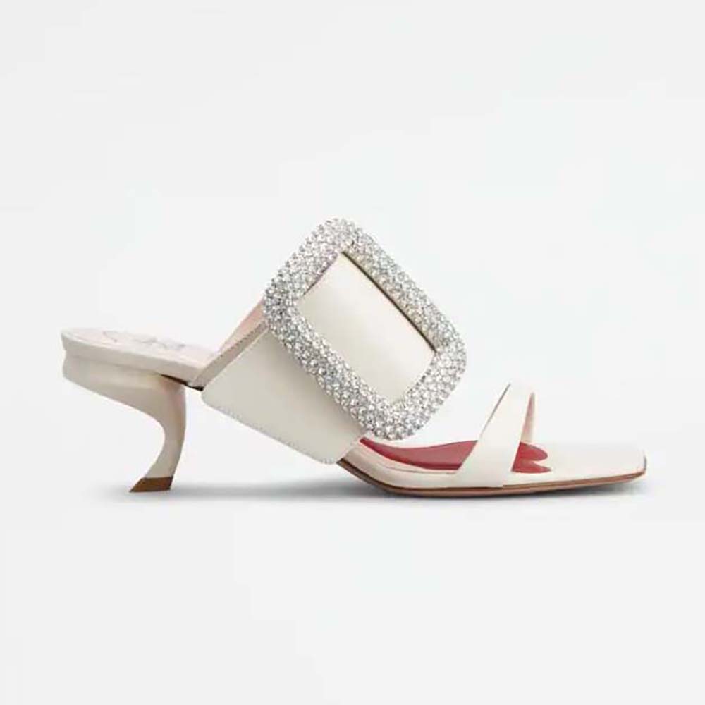 Side view of Roger Vivier Women Viv Choc Side Strass Buckle Mules in Leather-White