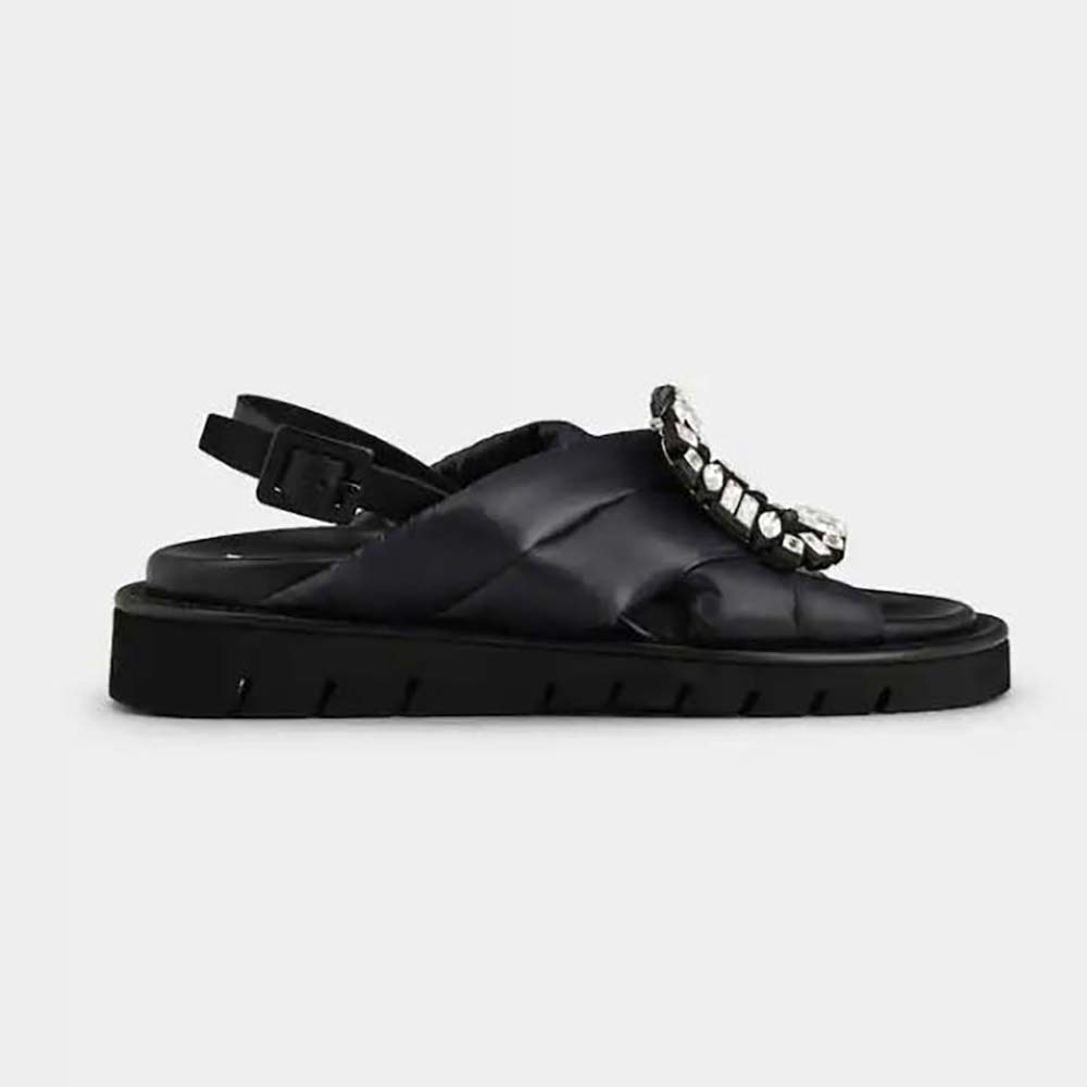 Side view of Roger Vivier Women Viv Winter Puffy Strass Buckle Sandals in Fabric-Black
