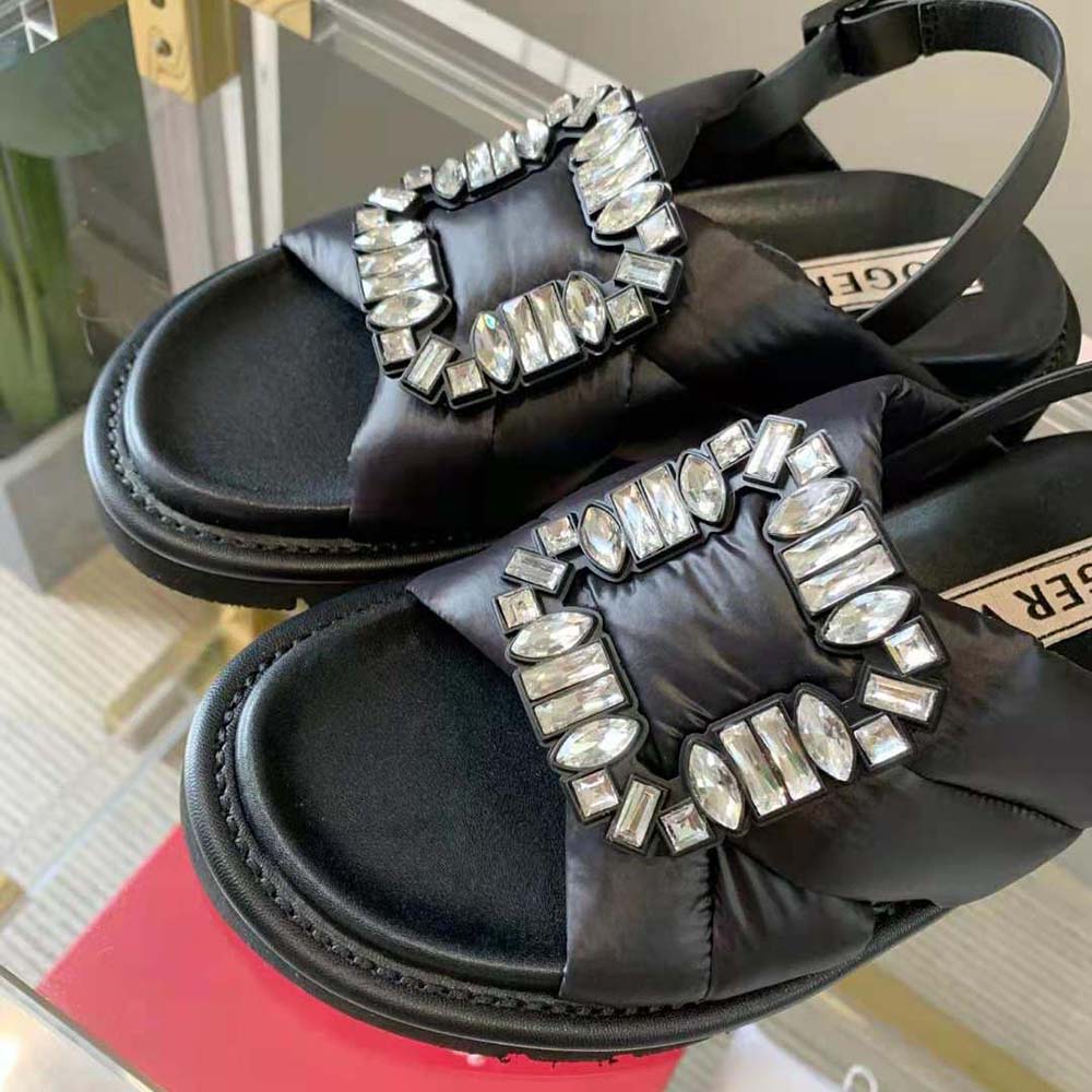 Roger Vivier Women Viv Winter Puffy Strass Buckle Sandals in Fabric-Black - image 5