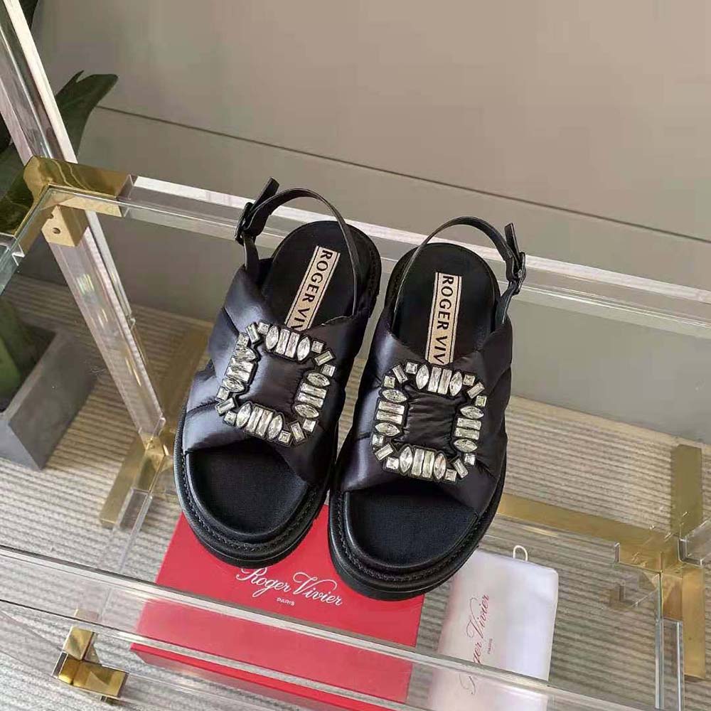 Close-up of sparkling strass buckle on Roger Vivier Viv Winter Puffy Sandals