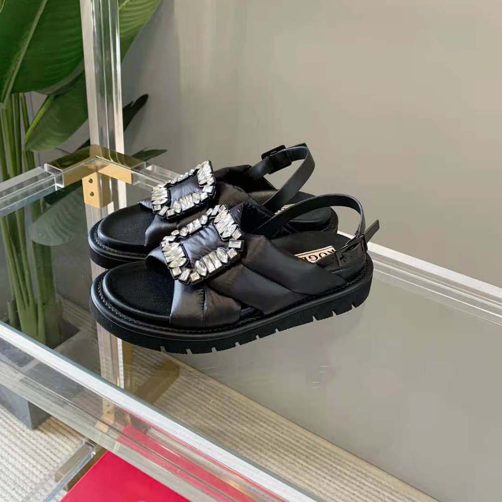 Roger Vivier Women Viv Winter Puffy Strass Buckle Sandals in Fabric-Black - image 4