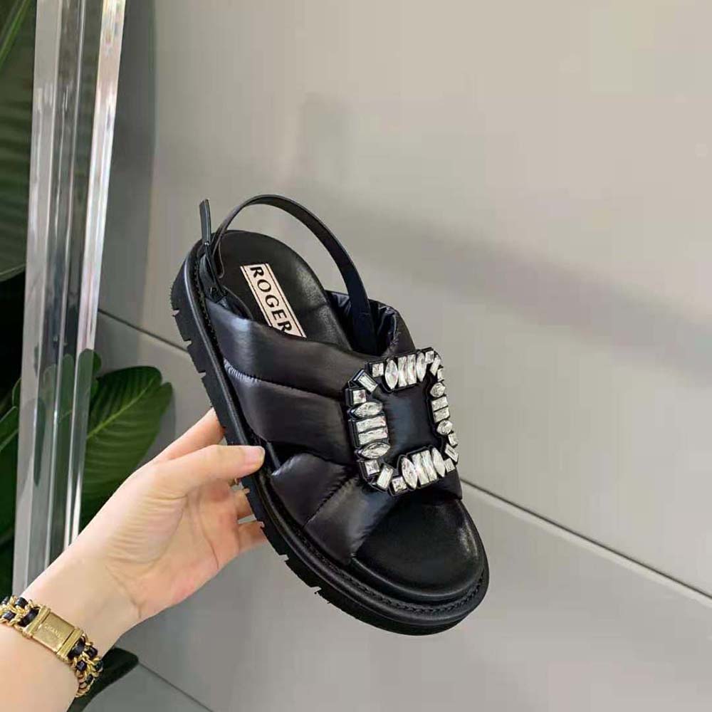 Roger Vivier Women Viv Winter Puffy Strass Buckle Sandals in Fabric-Black - image 7