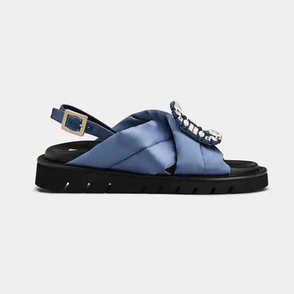 Front angle of Roger Vivier Women Viv Winter Puffy Strass Buckle Sandals in Satin-Navy