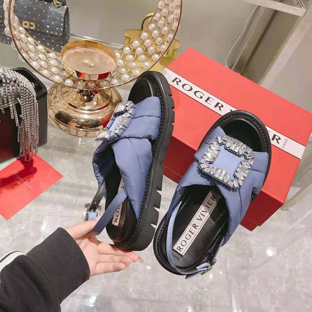 Roger Vivier Women Viv Winter Puffy Strass Buckle Sandals in Satin-Navy - image 6