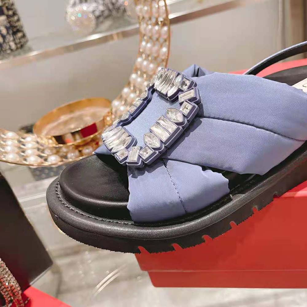 Roger Vivier Women Viv Winter Puffy Strass Buckle Sandals in Satin-Navy - image 9