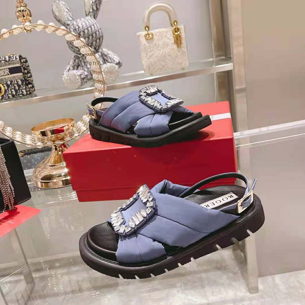 Roger Vivier Women Viv Winter Puffy Strass Buckle Sandals in Satin-Navy - image 5
