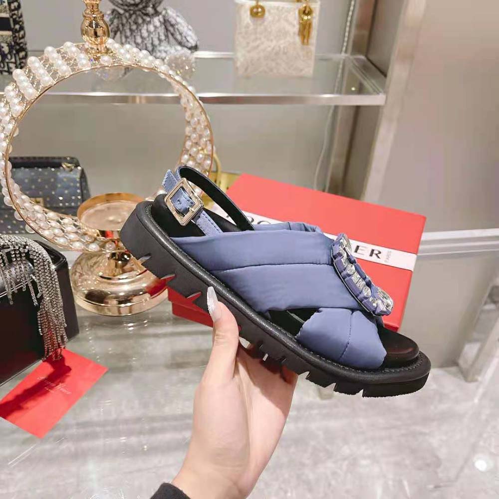 Roger Vivier Women Viv Winter Puffy Strass Buckle Sandals in Satin-Navy - image 7