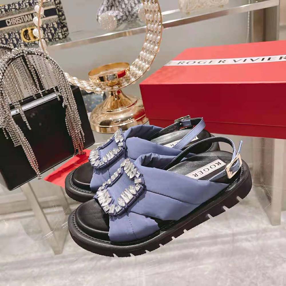 Roger Vivier Women Viv Winter Puffy Strass Buckle Sandals in Satin-Navy - image 4