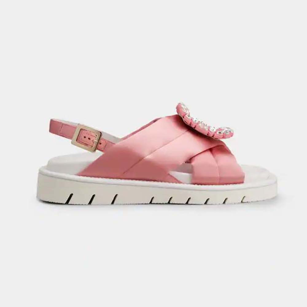 Side profile of Roger Vivier Women Viv Winter Puffy Strass Buckle Sandals in Satin-Pink