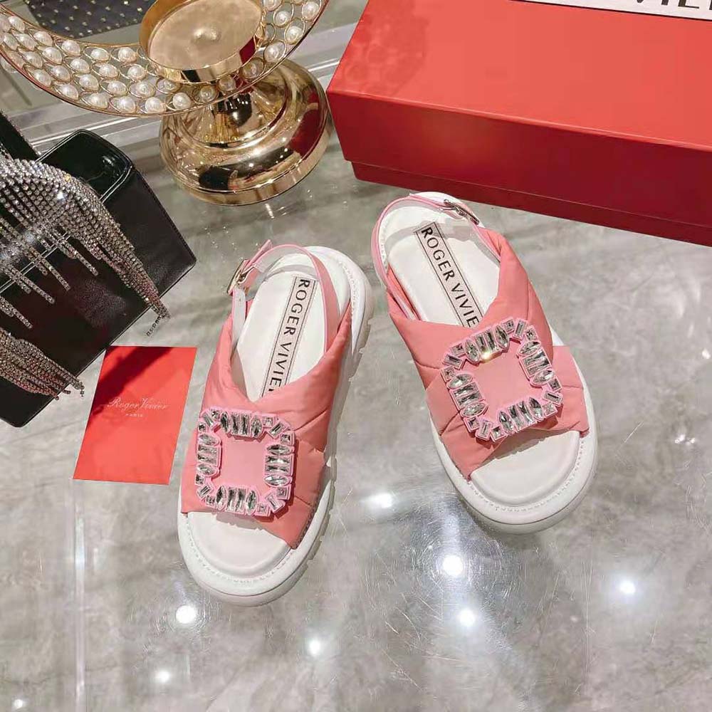 Close-up of crystal buckle detail on Roger Vivier Viv Winter Puffy Sandals
