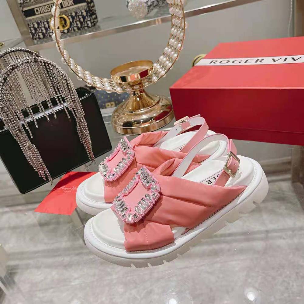 Roger Vivier Women Viv Winter Puffy Strass Buckle Sandals in Satin-Pink - image 4