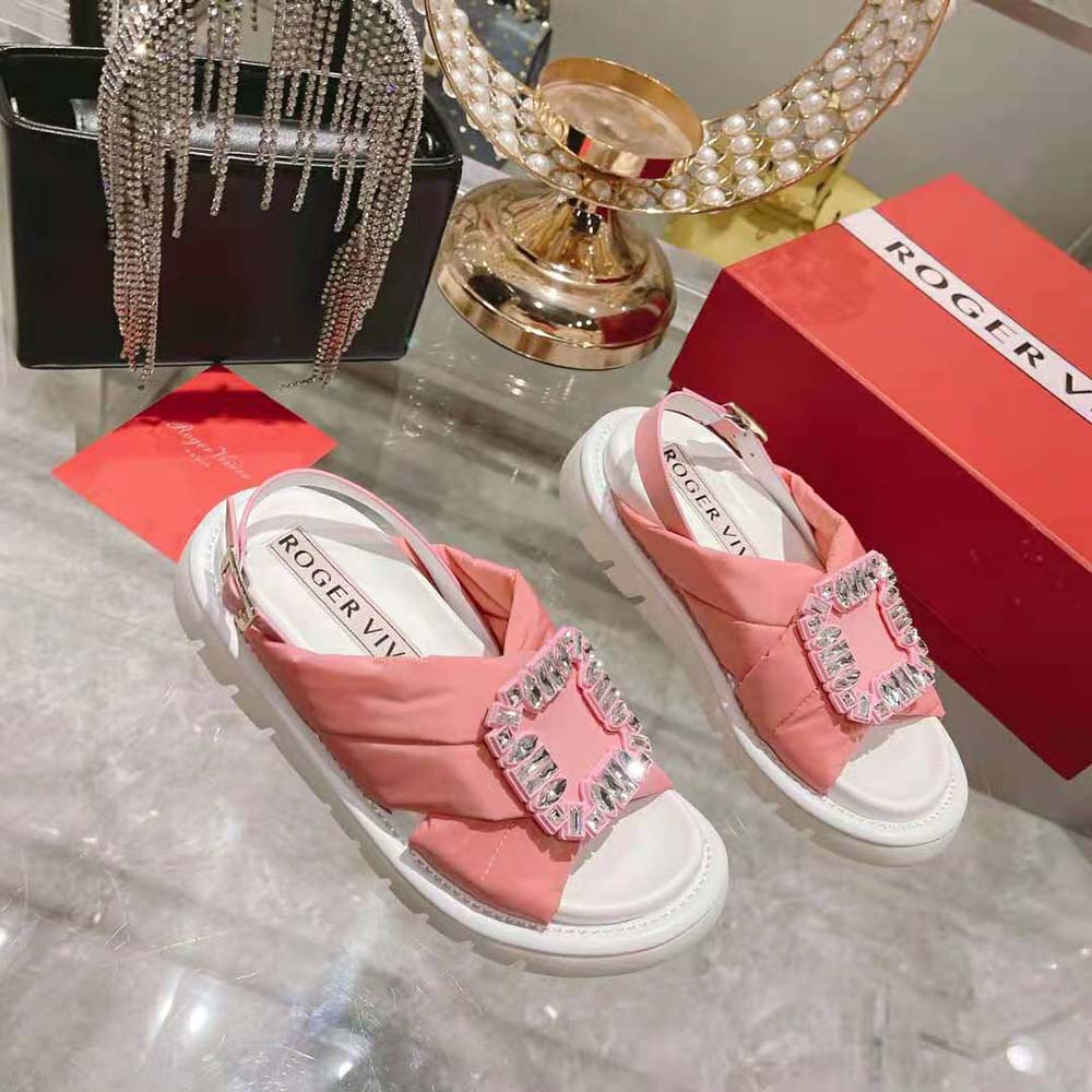 Overhead view showing padded satin straps of Roger Vivier Viv Winter Puffy Sandals