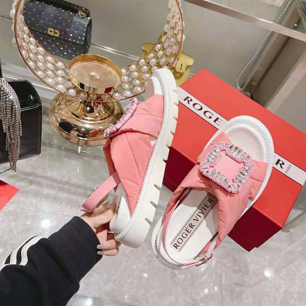 Roger Vivier Women Viv Winter Puffy Strass Buckle Sandals in Satin-Pink - image 6