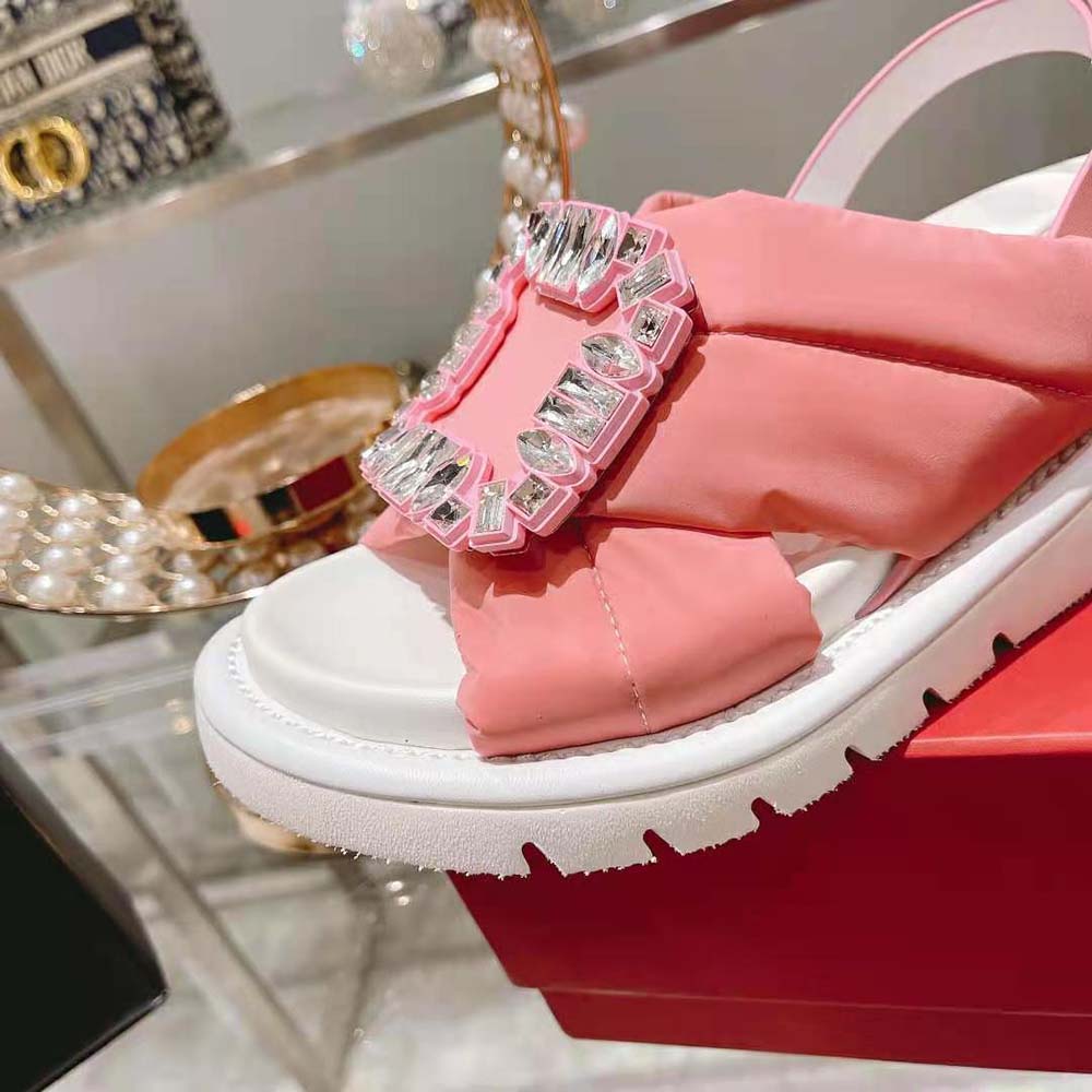 Roger Vivier Women Viv Winter Puffy Strass Buckle Sandals in Satin-Pink - image 9