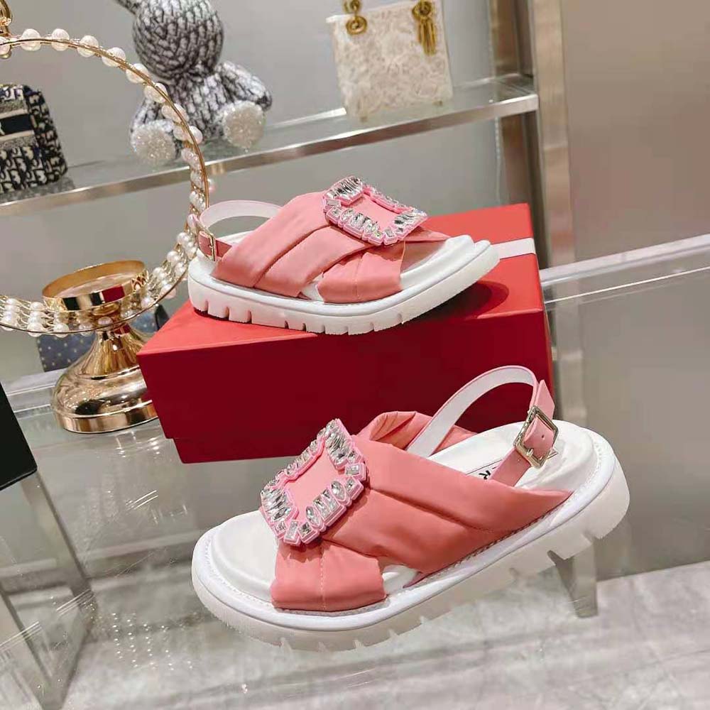 Roger Vivier Women Viv Winter Puffy Strass Buckle Sandals in Satin-Pink - image 5