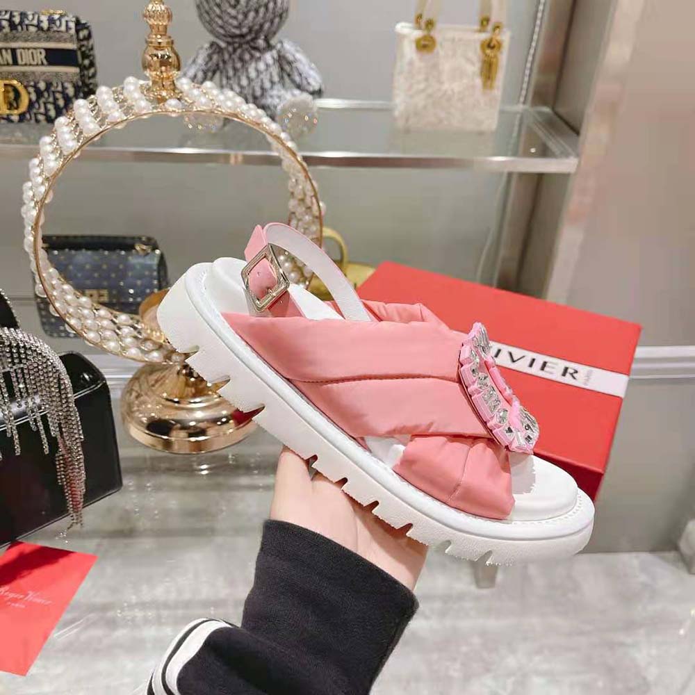 Roger Vivier Women Viv Winter Puffy Strass Buckle Sandals in Satin-Pink - image 7