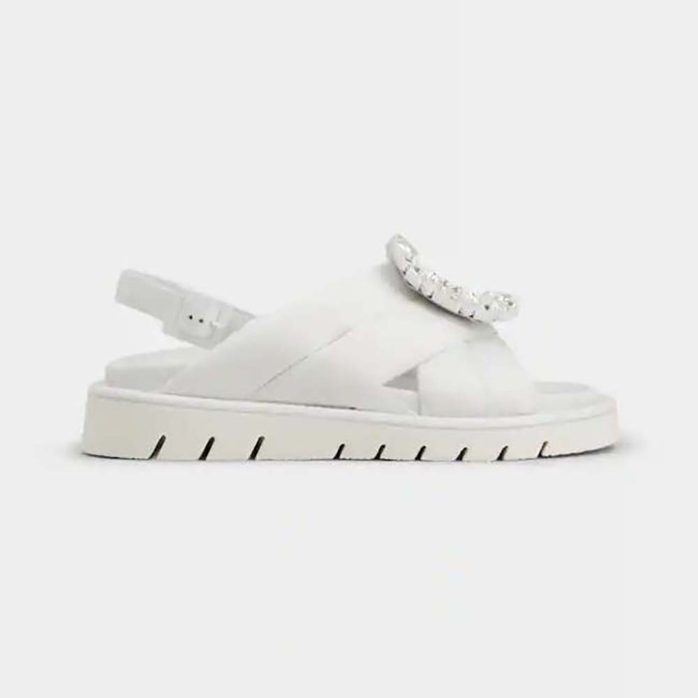 Side view of Roger Vivier Women Viv Winter Strass Buckle Sandals in White