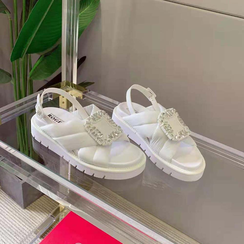 Top-down angle showing open-toe and technical fabric of Roger Vivier sandals
