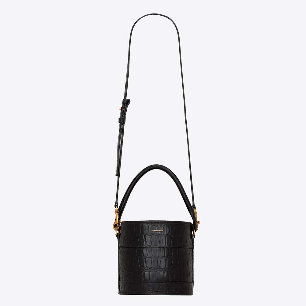Front view of Saint Laurent YSL Women Bahia Small Bucket Bag black leather