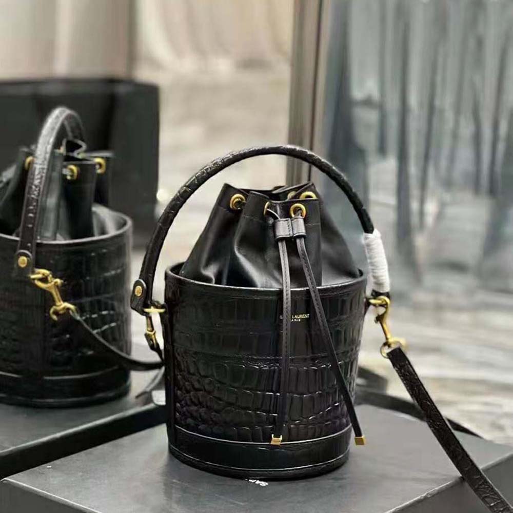 Saint Laurent YSL Women Bahia Small Bucket Bag in Crocodile-Embossed Lacquered Leather - image 4