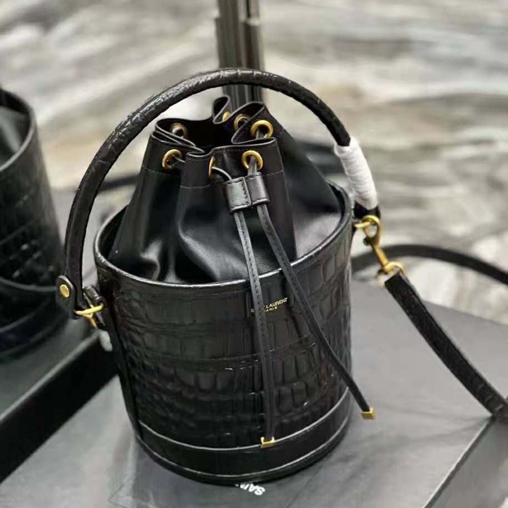 Saint Laurent YSL Women Bahia Small Bucket Bag in Crocodile-Embossed Lacquered Leather - image 6